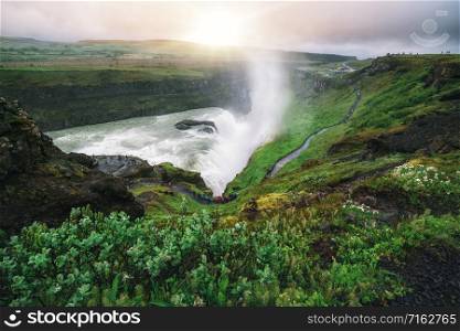 Landscape of Gullfoss waterfall in Iceland. Gullfoss waterfall is the powerful famous waterfall attracting tourist who visit route of Iceland Golden Circle.