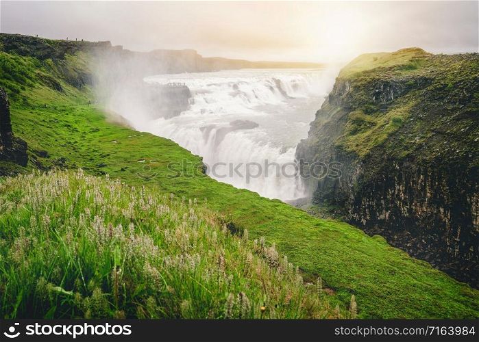 Landscape of Gullfoss waterfall in Iceland. Gullfoss waterfall is the powerful famous waterfall attracting tourist who visit route of Iceland Golden Circle.