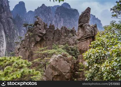 landscape of Huangshan mountain (Yellow mountain), Anhui, China with sunset scene