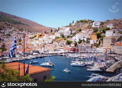 Landscape of Hydra island Saronic Gulf Greece .Main port of Hydra island .