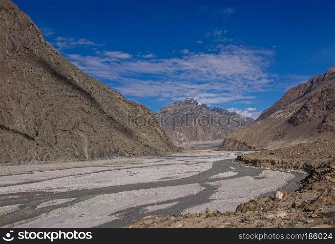 Landscape of K2 trekking trail in Karakoram range, Trekking along the Braldu River in the Karakorum Mountains in Northern Pakistan.