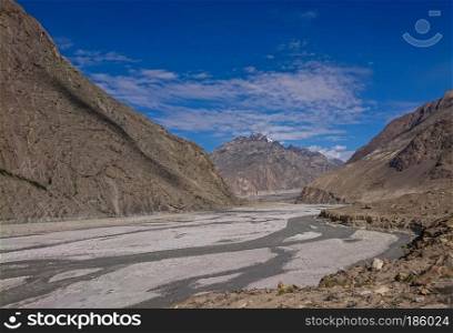 Landscape of K2 trekking trail in Karakoram range, Trekking along the Braldu River in the Karakorum Mountains in Northern Pakistan.