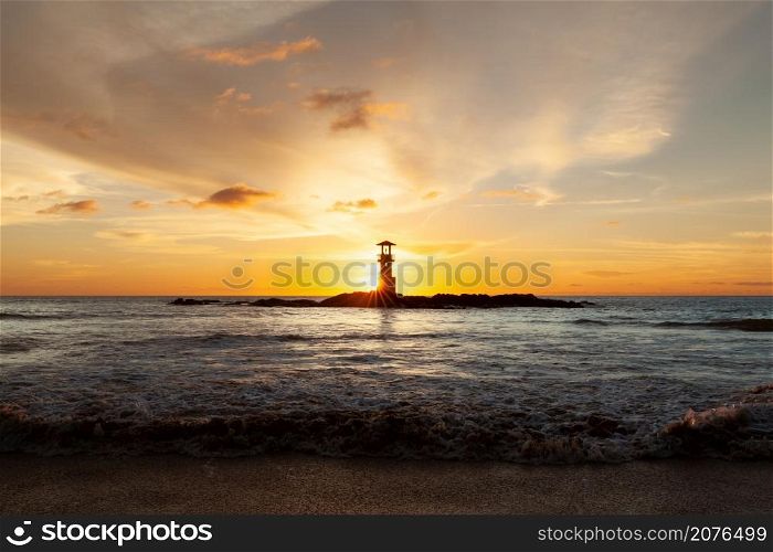 Landscape of Khaolak lighthouse and colorful sky in twilight time