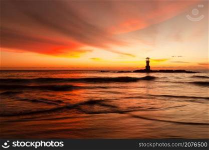 Landscape of Khaolak lighthouse and colorful sky in twilight time