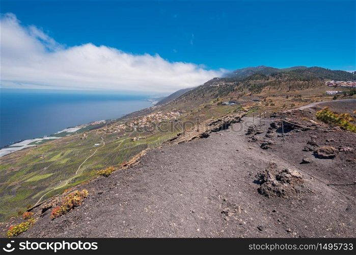 Landscape of La Palma island from the top of San Antonio volcano, Canary islands, Spain.