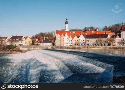 Landscape of Landsberg am Lech river bank, view in warm winter, at Bavaria Germany Europe