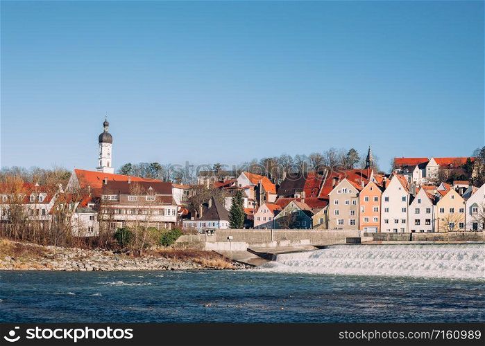 Landscape of Landsberg am Lech river bank, view in warm winter, at Bavaria Germany Europe