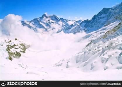 Landscape of Mist at Jungfraujoch, part of Swiss Alpine Alps and ski path at Interlaken Switzerland.