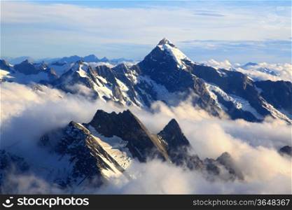landscape of Mountain Cook Peak with mist from Helicopter, New Zealand