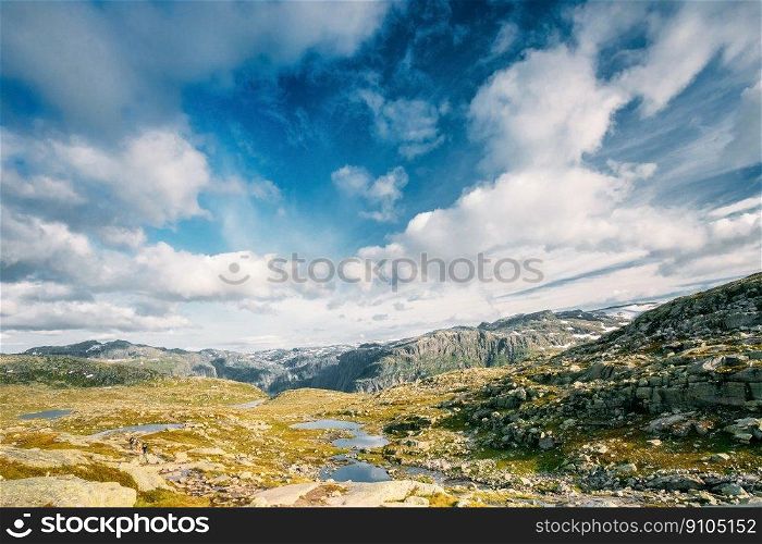 Landscape Of Norwegian Mountains. Nature Of Norway. Travel And Hiking. Amazing Scenic View At Sunny Summer Day. Nobody. Scandinavia. Blue Sky. Mountains Landscape With Blue Sky In Norway. Travel In Scandinavia.