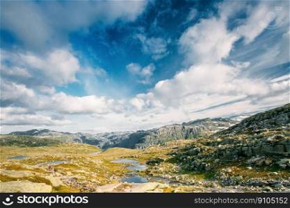 Landscape Of Norwegian Mountains. Nature Of Norway. Travel And Hiking. Amazing Scenic View At Sunny Summer Day. Nobody. Scandinavia. Blue Sky. Mountains Landscape With Blue Sky In Norway. Travel In Scandinavia.