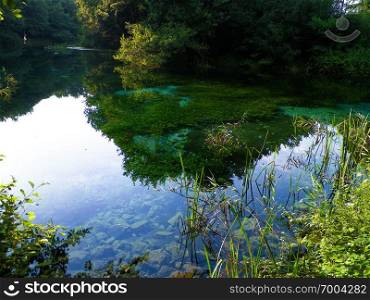 Landscape of Ochrid Lake springs, Macedonia. Transparent crystalline water and beautiful Balkan nature.. Landscape of Ochrid Lake springs, Macedonia.