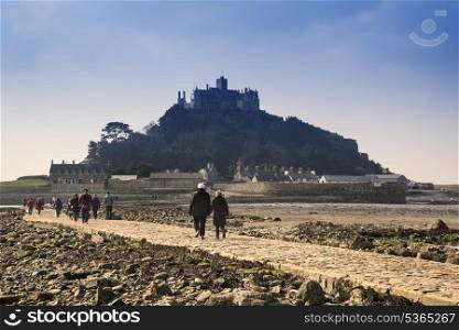 Landscape of Path revealed at low tide to St Michael&rsquo;s Mount from Marazion Cornwall England