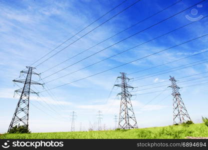 Landscape of Power Line of the Electric Wires at the Blue Sky
