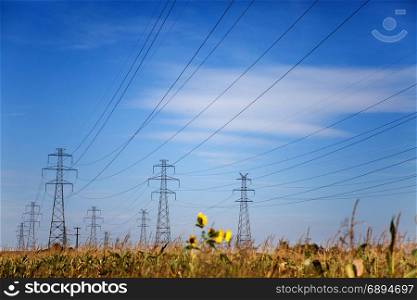 Landscape of Power Line of the Electric Wires at the Blue Sky