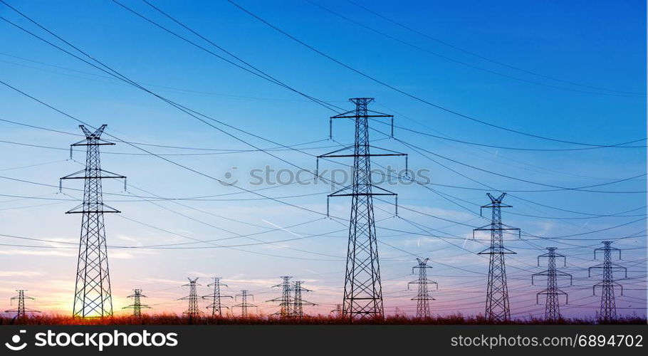 Landscape of Power Line of the Electric Wires at the Blue Sky