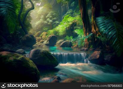 Landscape of rainforest with flowing spring and waterfall. Landscape of rainforest