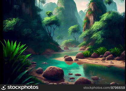 Landscape of rainforest with flowing spring. Landscape of rainforest