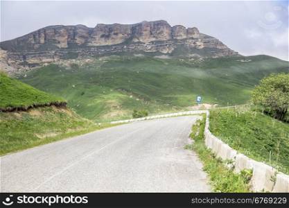 Landscape of road in Russian Caucasus green mountains