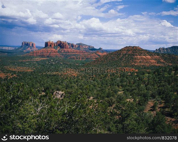 Landscape of Sedona, Arizona in the United States with a view of Cathedral Rock and Courthouse Butte.