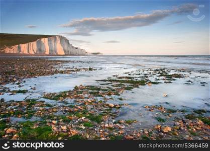 Landscape of Seven Sisters cliffs in South Downs National Park on English coast