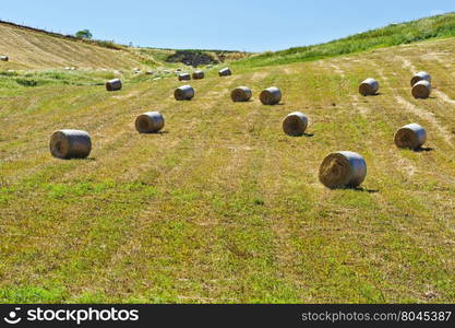 Landscape of Sicily with Many Hay Bales