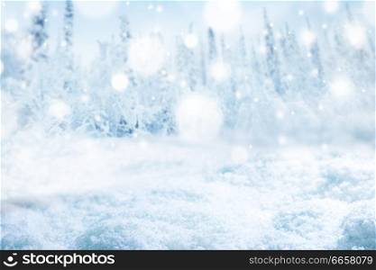 Landscape of snow covered forest of fir trees. Snow covered forest