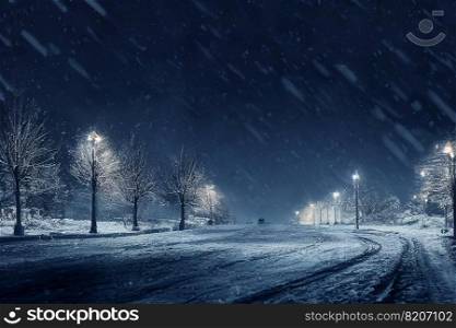 Landscape of snow storm winter background at night , digital art design, 3d rendering