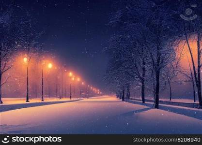 Landscape of snow winter with light background at night , digital art design, 3d rendering