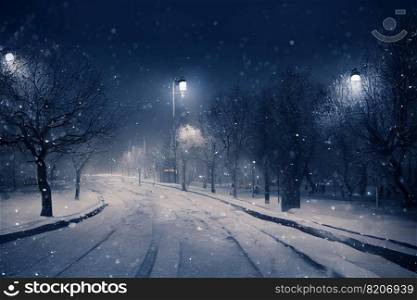 Landscape of snow winter with street light background at night , digital art design, 3d rendering