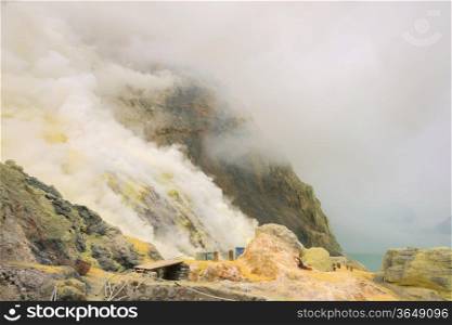 Landscape of Sulfur Mine at Khawa Ijen Volcano Crater Java Island Indonesia