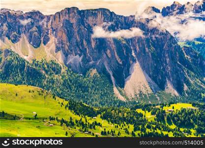 Landscape of the beautiful mountain of the Dolomites with the small village in the valley in South Tyrol Region Italy