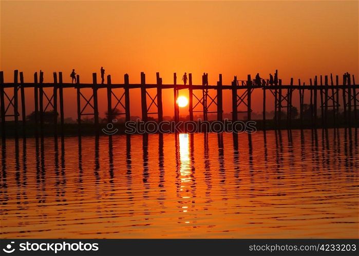 Landscape of the famous old wooden bridge named U Bein in Mandalay,Myanmar
