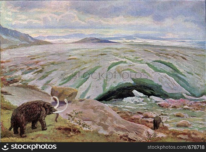 Landscape of the Ice Age, vintage engraved illustration. From the Universe and Humanity, 1910.