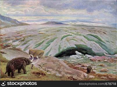 Landscape of the Ice Age, vintage engraved illustration. From the Universe and Humanity, 1910.