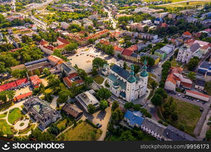 Landscape of the old town from the air with the visible. View on historic buildings on the market. Lowicz, Poland Aerial