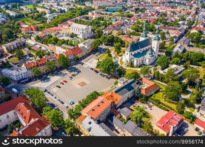 Landscape of the old town from the air with the visible. View on historic buildings on the market. Lowicz, Poland Aerial