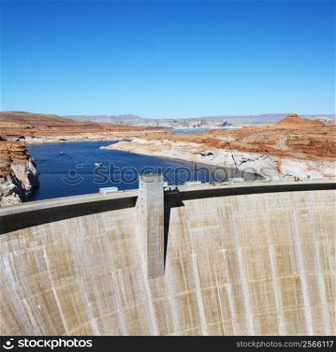 Landscape of top of Glen Canyon Dam on Colorado River in Arizona.