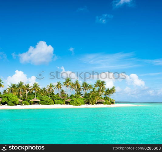 landscape of tropical island beach with palm trees and cloudy blue sky