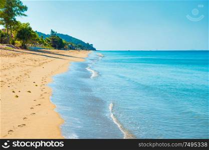 Landscape of tropical island - long sand beach with footprints, palm trees and blue sea