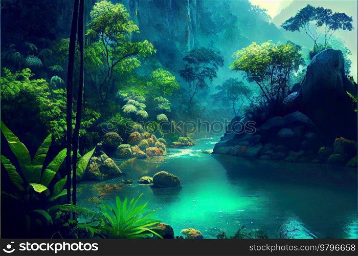 Landscape of tropical rainforest with flowing spring and waterfall. Landscape of rainforest