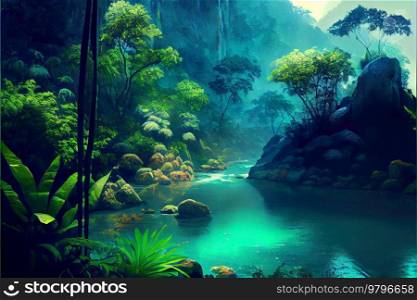Landscape of tropical rainforest with flowing spring and waterfall. Landscape of rainforest