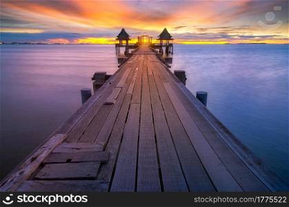 Landscape of wooden bridge on sunshine evening.. wooden bridge