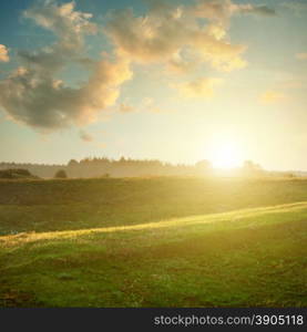 landscape on sunset - green field under sky and clouds