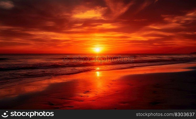 landscape orange evening sunset sky over the calm mirror surface of the sea generative ai.