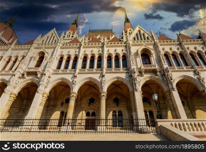 Landscape panorama in sunset view capital of Hungary with Budapest parliament building. Capital of Hungary with Budapest parliament building landscape panorama in sunset view