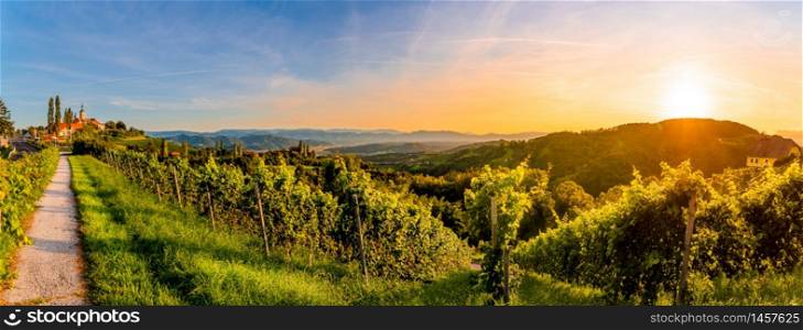 Landscape panorama of vineyard on an Austrian countryside with a church in the background in Kitzeck im Sausal. Tourist destination. Landscape panorama of vineyard on an Austrian countryside with a church in the background in Kitzeck im Sausal