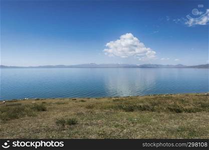 Landscape perfectly reflected in mirror like water surface of highland lake Sonkul, Kyrgyzstan.