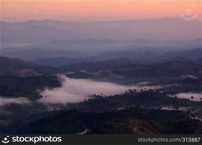 landscape photo, sea fog on the mountain hills