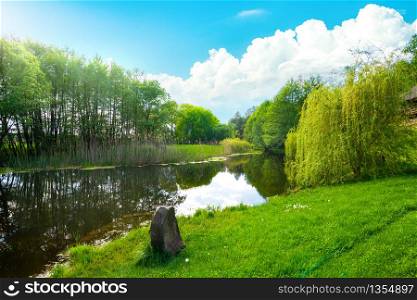 Landscape pond and field in spring afternoon. Landscape pond and field